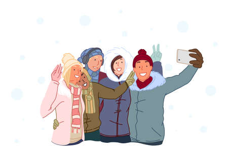 Friendship, hugs, weekend in winter concept. Happy friends take selfies and laugh. Guys and girls are photographed on a mobile phone outdoors in winter. Simple flat vectorのイラスト素材