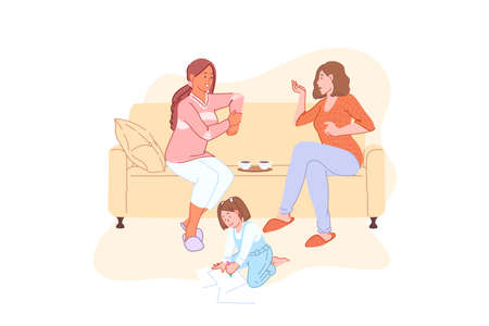 Home leisure, family weekend, communication, tea time, lunchtime concept. Adult women with teacups on sofa, child playing on floor, friendly conversation, babysitting. Simple flat vectorのイラスト素材