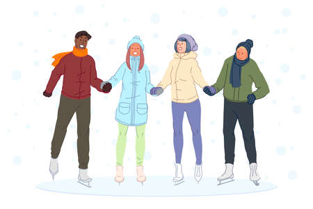 Iceskating with friends boys, girls winter entertainment, friendship concept.のイラスト素材