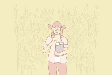 Rural life, environment protection, eco friendly lifestyle concept. Young girl wearing cowboy hat, female teenager in corn field, nature defender, farmer keeping thumb up. Simple flat vectorのイラスト素材