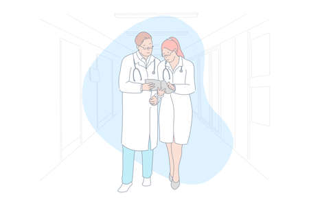 Doctor consultation, treatment option, medical advisers concilium, medicine concept. Male and female doctors studying medical record, case history papers examination. Simple flat vectorのイラスト素材