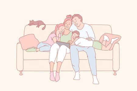 Modern leisure, family relationship, relatives bonding concept. Cheerful children watching movie together with parents, happy couple and little kids using laptop, tablet. Simple flat vectorのイラスト素材