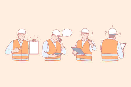 Construction engineer work, planning and communication, negative emotions concept. Building...
