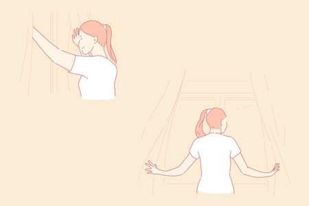Opening curtains, view from window, morning, daylight, day beginning concept. Young woman looking from window side and back view, smiling girl, watching weather, good mood sign. Simple flat vectorのイラスト素材