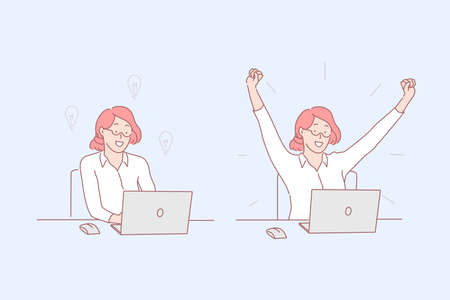 Brainstorming and success, task performance, problem solution, productive work concept. Female office worker with laptop, successful project, goal achievement, business decision. Simple flat vectorのイラスト素材