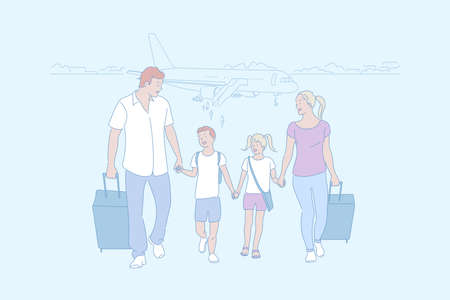 Family trip, travelling, arrival by air conceptのイラスト素材