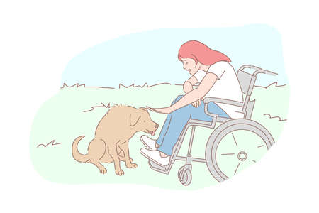 Kindness, homeless animals care, sympathy concept. Compassion and tenderness, pariah-dog affection, disabled young woman petting street dog, wheelchair girl and pooch. Simple flat vectorのイラスト素材
