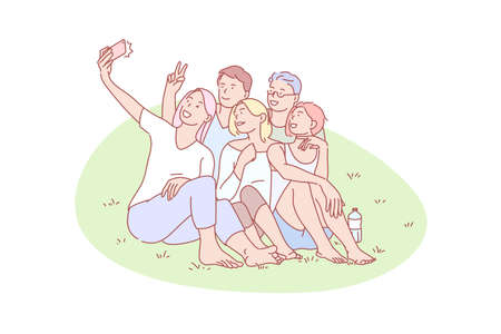 Selfie, friend, gathering, joy, rest, concept. Resting mates gathering for selfie together outdoor. Happy joyful friends photographing for social media. Teen team making group video simple flat vectorのイラスト素材