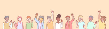 Set of multiethnic children volunteers concept. Group of multinational children waving their hands...