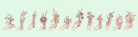 Set of flowers in hands concept. Illustration of bouquets or bunches of flowers, holding by mans or womans hands. Collection of field and garden blossoms gifting by humans hand. Floral design elementsのイラスト素材
