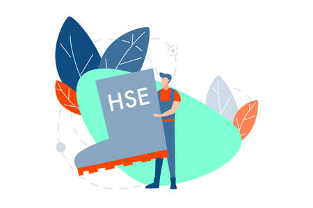 Industrial hse concept. Young man or boy, builder or engineer in overall is standing and holding big boot with hse abbreviation. Health care, industrial enviromental protection symbol. Flat vectorのイラスト素材