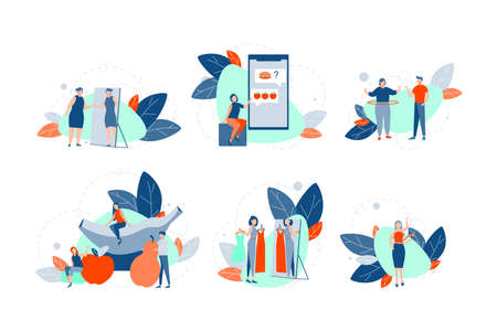 Loss of weight, diet, health set concept. Woman is on diet. Process of loosing weight. Collection of young girl vegetarians changes from thick to thin. Goal achievement. Idea of health food nutrition.のイラスト素材