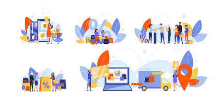 Online shopping, ecommerce, black friday, sale set conceptのイラスト素材