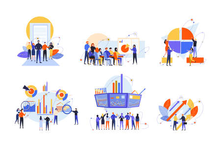 Stock trading, stakeholder, investment, analysis, business set concept. Business people, businessmen women traders stakeholders on stock market. Money investment, stock analysis. Teamwork, training.のイラスト素材