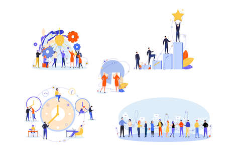 Soft skills, business, success, communication, win, time management set. People businessmen women with soft skills. Self confidence development, communication, time management, success goal creativityのイラスト素材