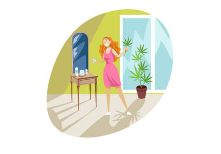 Healthcare, beauty, cbd product, cannabis, marijuana concept. Young smiling woman girl looking at mirror, using cbd products oil and cannabis cosmetics. Marijuana consumption or alternative medicine.のイラスト素材