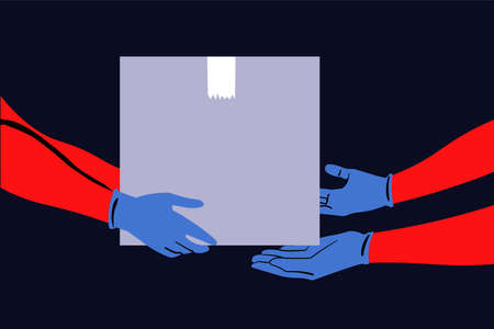 Post, mail, coronavirus, protection, covid19, quarantine, delivery concept. Human hands with protective gloves passing mail box, post. 2019ncov danger coronavirus infection, COVID19 desease.のイラスト素材