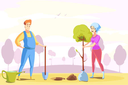 Couple, agriculture, gardening, planting, nature conceptのイラスト素材