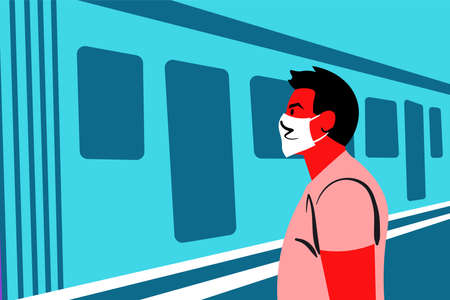 Man wearing mask and waiting for transportのイラスト素材