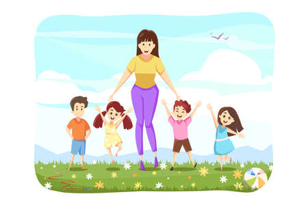 Woman standing with kids concept. Group of happy smiling schoolchildren or pupils boys girls and young female teacher standing together at field. Active summer recreation on weekend and leisure time.のイラスト素材
