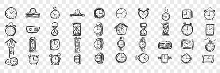 Watches doodle set. Collection of hand drawn templates sketches patterns of male female hand pocket timers and clocks on transparent background. Fashionable lifestyle and shopping illustration.のイラスト素材