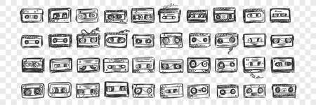 Hand drawn audio tapes doodle set. Collection of pen ink pencil drawing sketches template patterns...