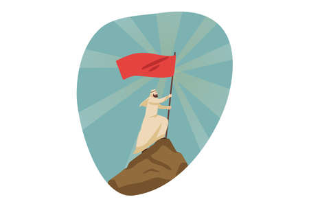 Leadership, conquest, goal achievement, success, business concept. Young muslim arab businessman clerk manager leader conqueror standing on mountain top with flag. Divine blessing and goal achievementのイラスト素材