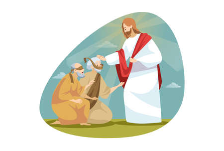 Religion, bible, christianity concept. Jesus Christ son of God biblical character makes miraculous healing of blindness. Messiah takes vision to blind people back by touching him. Divine help and blessing.のイラスト素材