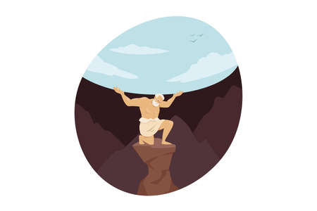 Mythology, Greece,  god, religion concept. Titan giant olympian deity Atlas condemned for holding up celestial heavens for eternity after the Titanomachy. Ancient Greek mythology illustration.のイラスト素材