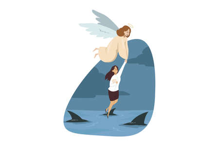 Religion, christianity, business concept. Angel biblical character helping carrying young businesswoman manager over sea full of sharks. Divine support from failure bankruptcy and financial crisis.のイラスト素材