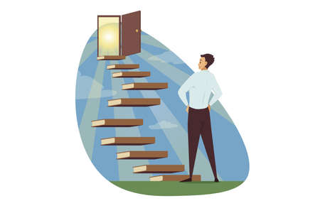 Motivation, business, success, goal achievement concept. Young happy smiling buinessman clerk manager looking at stairs books and opened door in new successful life. Power of knowledge illustration.のイラスト素材