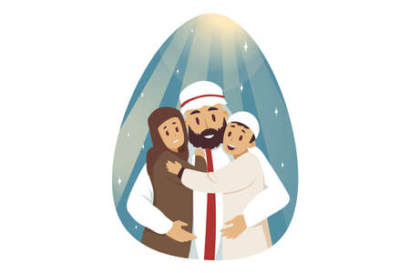 Love, fatherhood, family concept. Young arab man muslim cartoon character hugging embracing kids children boy and girl posing together. Fathers day illustrationのイラスト素材