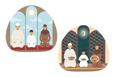 Islam, prayer, family, religion set concept. Collection of young religious man muslim husband woman wife child kid son arabic characters praying in mosque. Islamic traditional Ramadan celebration.のイラスト素材