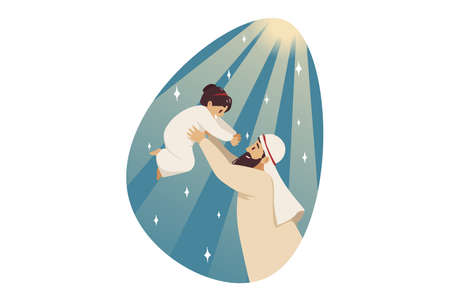 Love, fatherhood, childhood, family concept. Young arab man muslim cartoon character holding playing with happy smiling child kid boy toddler son together. Fathers day and parenthood illustration.のイラスト素材