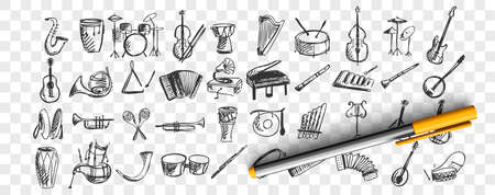 Musical instruments doodle set. Collection of hand drawn sketches templates drawing patterns of music instrument piano drums guitar flute saxophone on transparent background. Art and creativity.のイラスト素材