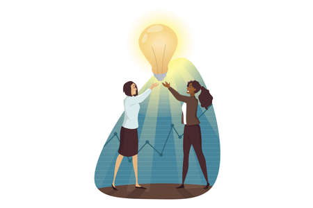 Success, goal achievement, winning, teamwork, business concept. Team of young african american businesswomen clerks managers characters holding light bulb. Successful trouble solution idea creation.のイラスト素材