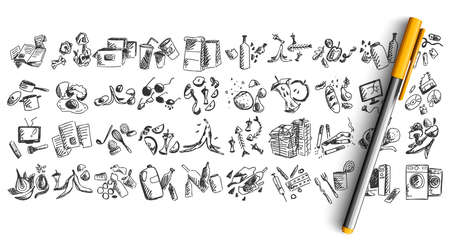 Trash doodle set. Collection of pen pencil hand drawn sketches templates patterns of human wastes wastepaper food stumps broken cloth and furniture isolated in line. Nature junk pollution illustrationのイラスト素材
