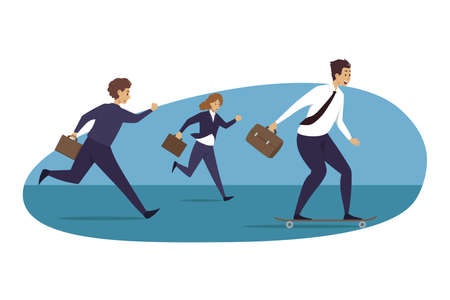 Leadership, motivation, career, advantage, business concept. Group of businesspeople following running chasing businessman leader participating in race competition. Taking advantages and motivation.のイラスト素材