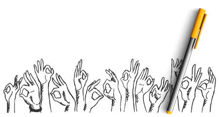Hand gestures doodle. Collection of hand drawn sketches templates patterns of pen pencil ink drawing human hands showing like ok signs or demosntrating palm fingers together illustration.のイラスト素材