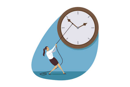 Time management, deadline, business concept. Stressed businesswoman manager trying stop watch. Work crisis, lack of proffesional corporate productivity mental stress efficient project optimization.のイラスト素材