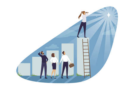 Goal achiement, teamwork, growth, profit, success concept. Team of businessmen women managers helping supporting leader reaching top. Financial success and market partnership coworking illustration.のイラスト素材