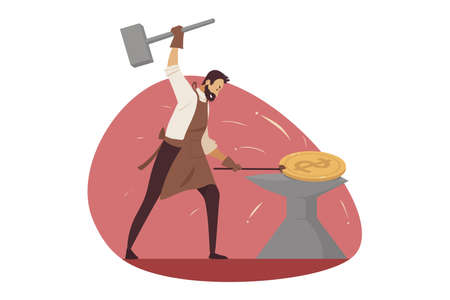 Investment, business, mining concept. Businessman manager worker entrepreneur blacksmith forging...