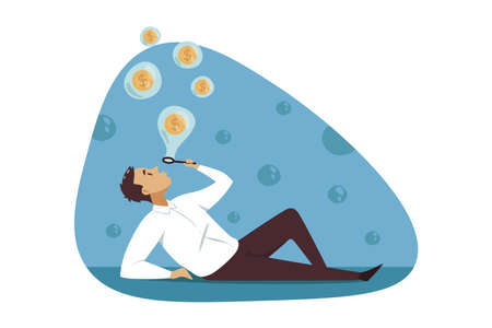 Mining, investment, success, easy money, business concept. Cryptocurrency earning digital finance ecommerce illustration. Lazy businessman manager entrepreneur making bitcoing from air blowing bubblesのイラスト素材