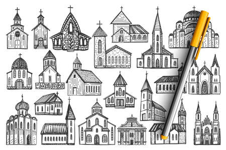 Buildings hand drawn doodle setのイラスト素材