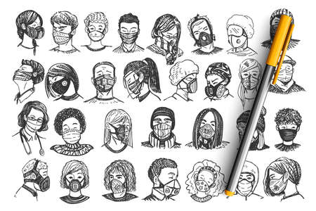 People with masks hand drawn doodle setのイラスト素材