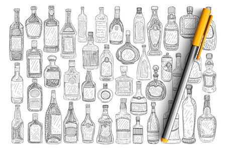 Various glass bottles doodle setのイラスト素材
