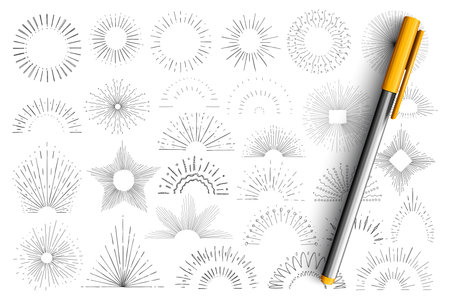 Star and sun rays doodle set. Collection of hand drawn minimal silhouettes of sun and star with out coming rays in different directions isolated on transparent backgroundのイラスト素材