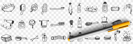 Cosmetics and tools for bath doodle set.のイラスト素材