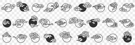 Moon with clouds doodle setのイラスト素材