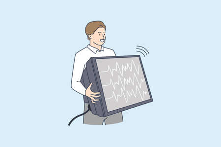 Man holding TV set streaming program live